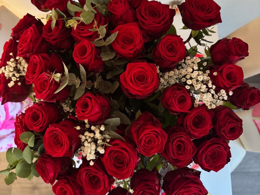 Großer Strauß roter Rosen mit Schleierkraut